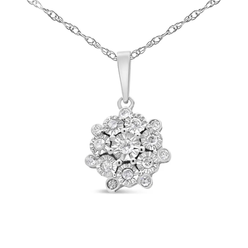 .925 Sterling Silver 1/4 Cttw Diamond Floral Cluster Pendant Necklace (i-j I2-i3) - Fine Jewelry us Direct