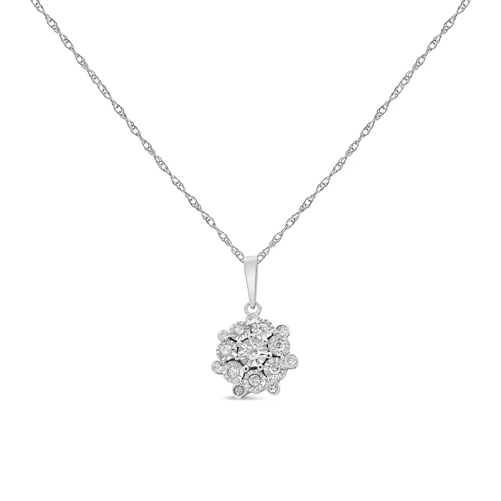 .925 Sterling Silver 1/4 Cttw Diamond Floral Cluster Pendant Necklace (i-j I2-i3) - Fine Jewelry us Direct