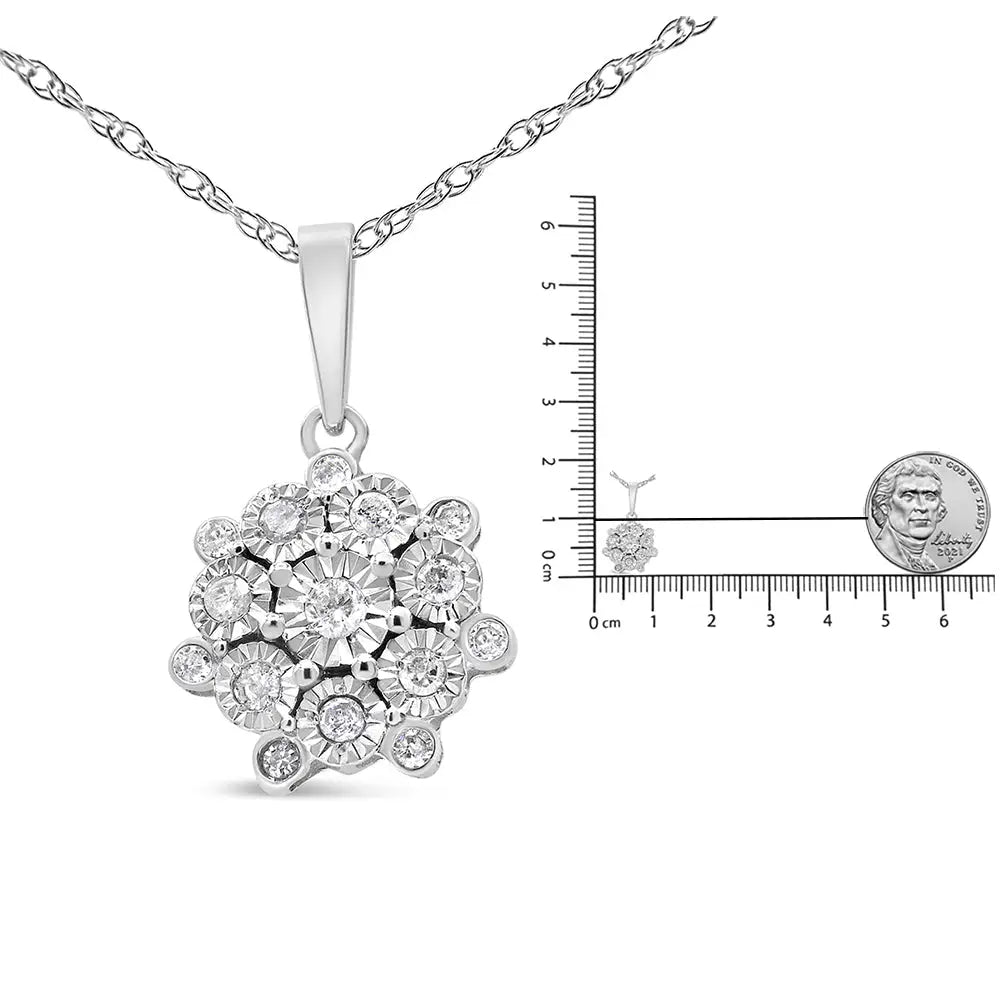 .925 Sterling Silver 1/4 Cttw Diamond Floral Cluster Pendant Necklace (i-j I2-i3) - Fine Jewelry us Direct