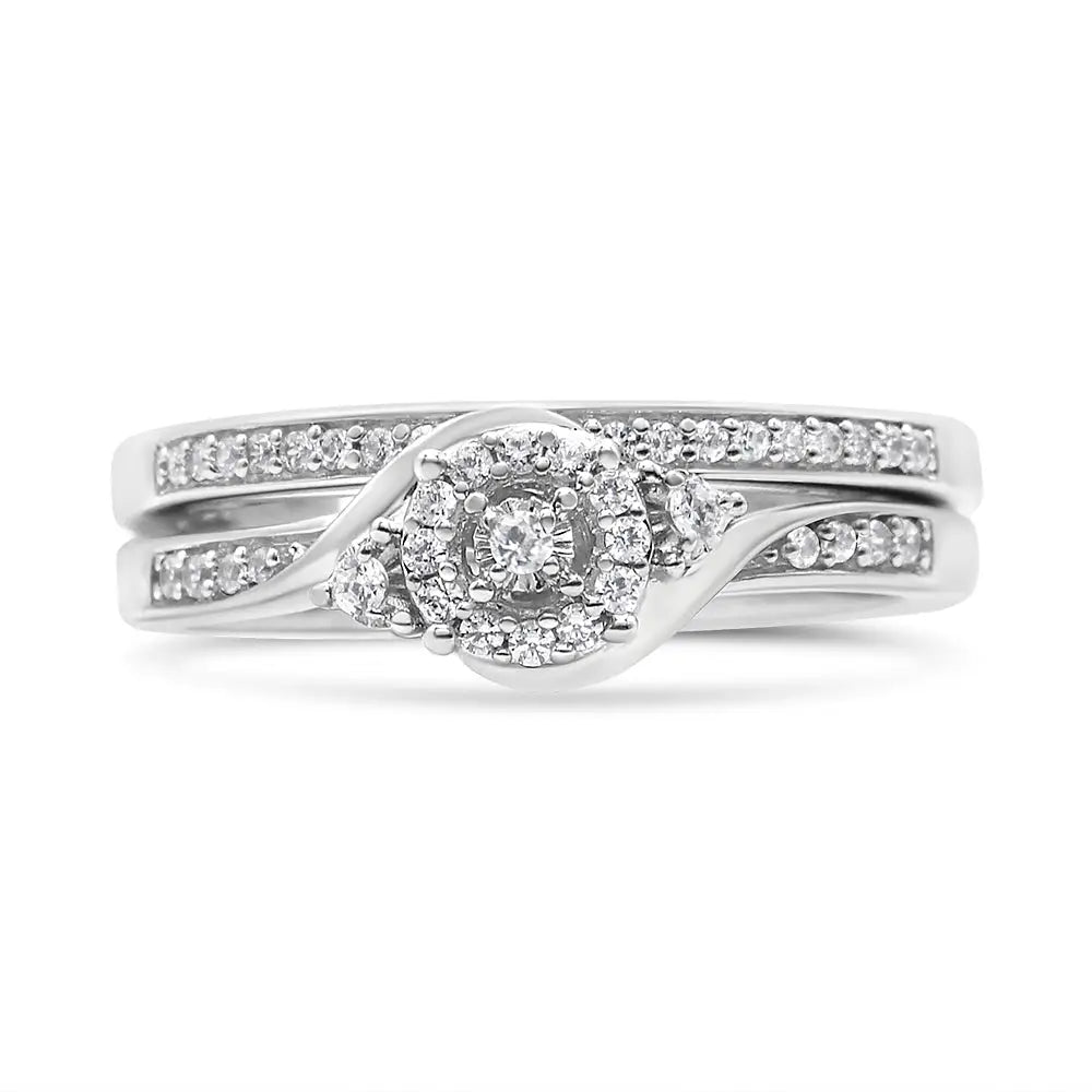 .925 Sterling Silver 1/4 Cttw Diamond Halo and Swirl Engagement Ring Wedding Band Set (i-j Color I3 Clarity) - Fine