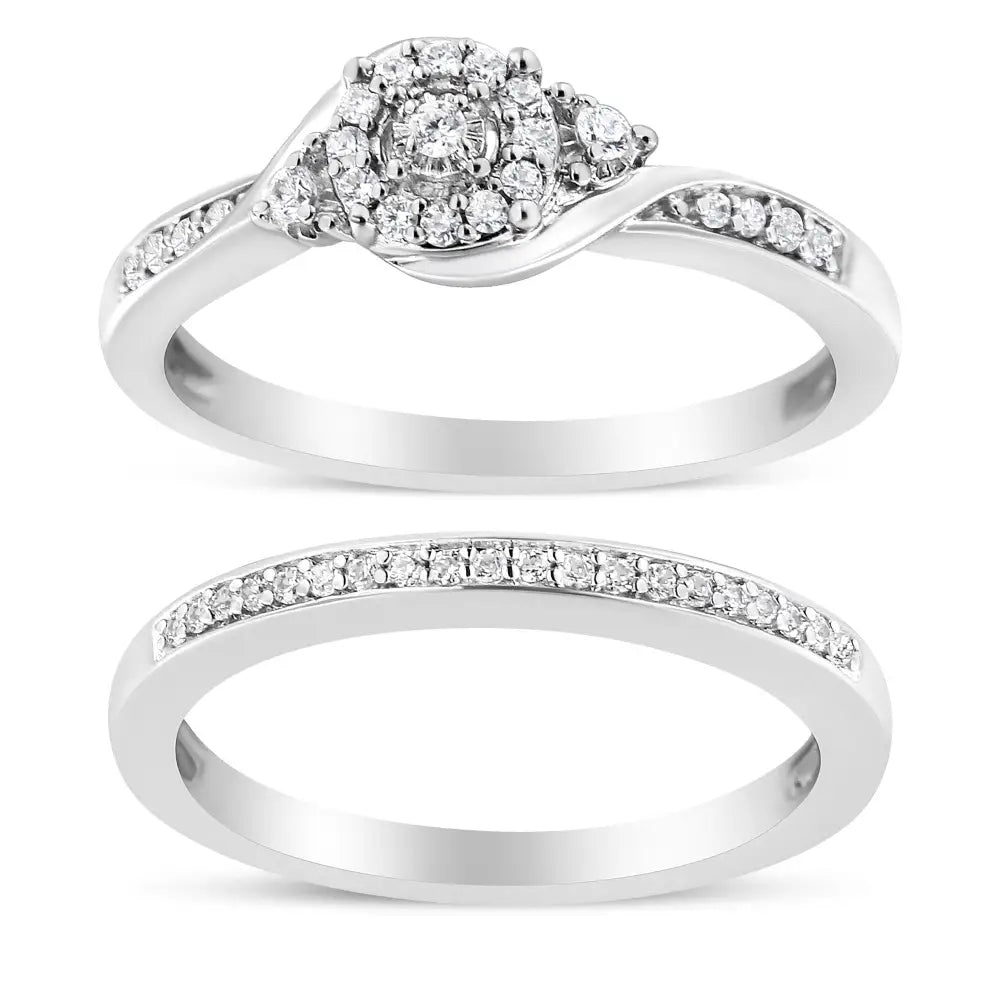 .925 Sterling Silver 1/4 Cttw Diamond Halo and Swirl Engagement Ring Wedding Band Set (i-j Color I3 Clarity) - Fine