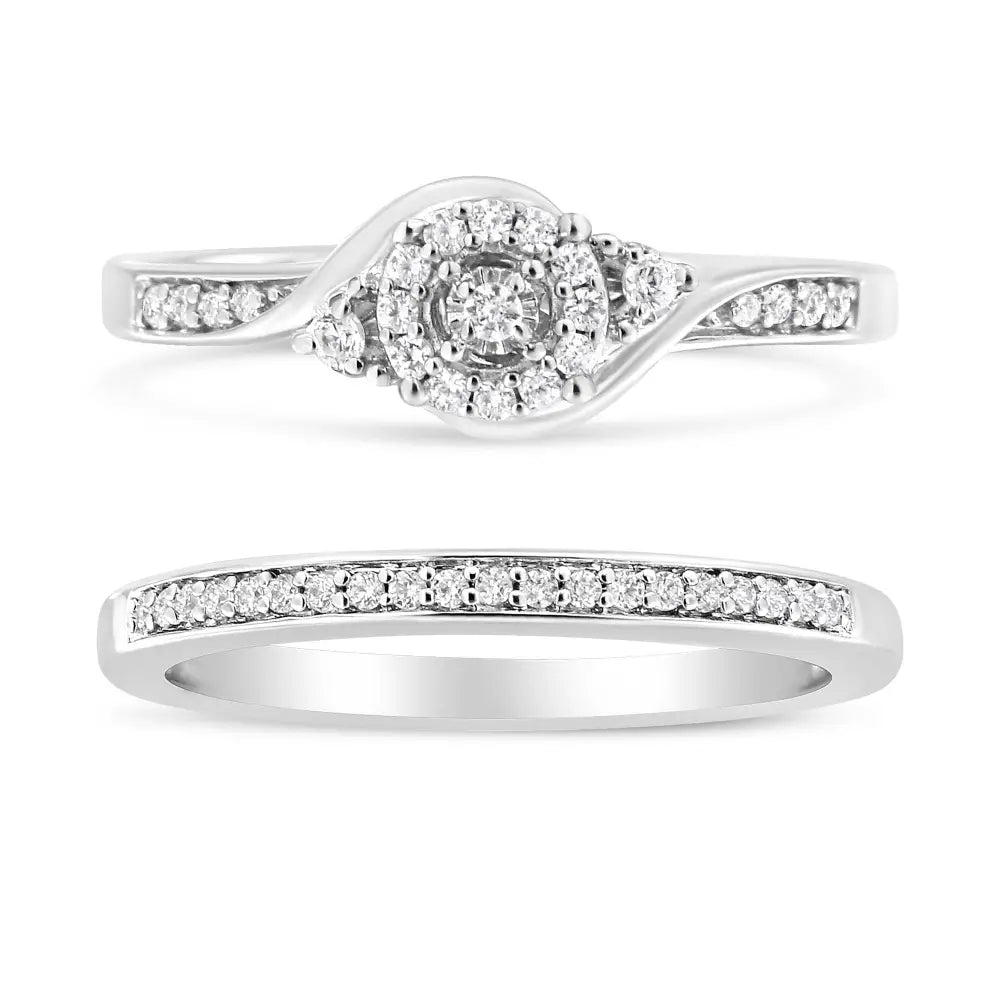 .925 Sterling Silver 1/4 Cttw Diamond Halo and Swirl Engagement Ring Wedding Band Set (i-j Color I3 Clarity) - Fine