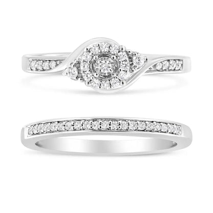 .925 Sterling Silver 1/4 Cttw Diamond Halo and Swirl Engagement Ring Wedding Band Set (i-j Color I3 Clarity) - Fine