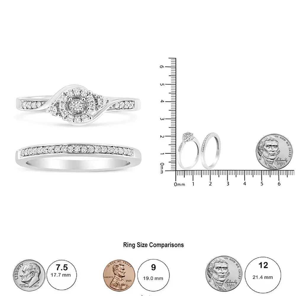 .925 Sterling Silver 1/4 Cttw Diamond Halo and Swirl Engagement Ring Wedding Band Set (i-j Color I3 Clarity) - Fine