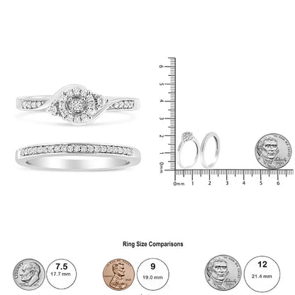 .925 Sterling Silver 1/4 Cttw Diamond Halo and Swirl Engagement Ring Wedding Band Set (i-j Color I3 Clarity) - Fine