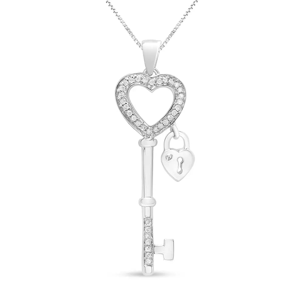 .925 Sterling Silver 1/4 Cttw Diamond Lock & Key Heart 18’’ Pendant Necklace (i-j Color I3 Clarity) - Fine Jewelry