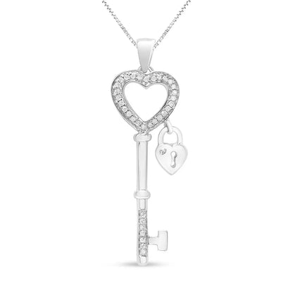 .925 Sterling Silver 1/4 Cttw Diamond Lock & Key Heart 18’’ Pendant Necklace (i-j Color I3 Clarity) - Fine Jewelry