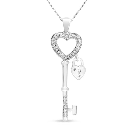 .925 Sterling Silver 1/4 Cttw Diamond Lock & Key Heart 18’’ Pendant Necklace (i-j Color I3 Clarity) - Fine Jewelry