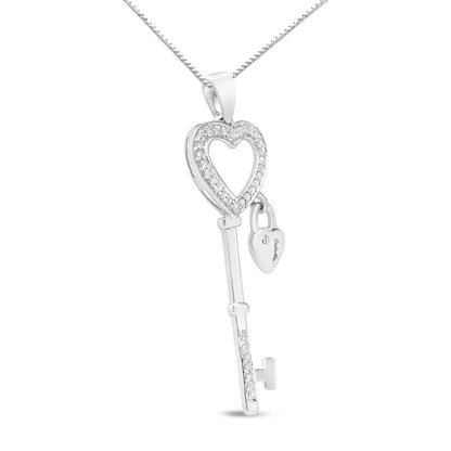 .925 Sterling Silver 1/4 Cttw Diamond Lock & Key Heart 18’’ Pendant Necklace (i-j Color I3 Clarity) - Fine Jewelry