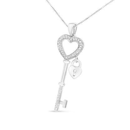 .925 Sterling Silver 1/4 Cttw Diamond Lock & Key Heart 18’’ Pendant Necklace (i-j Color I3 Clarity) - Fine Jewelry