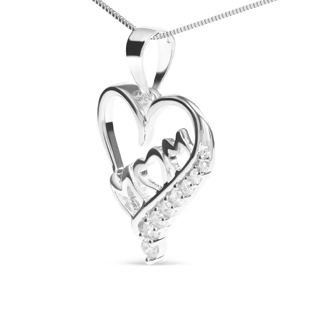 .925 Sterling Silver 1/4 Cttw Diamond ?Mom’ and Open Heart 18’’ Pendant Necklace (i-j Color I2-i3 Clarity) - Fine