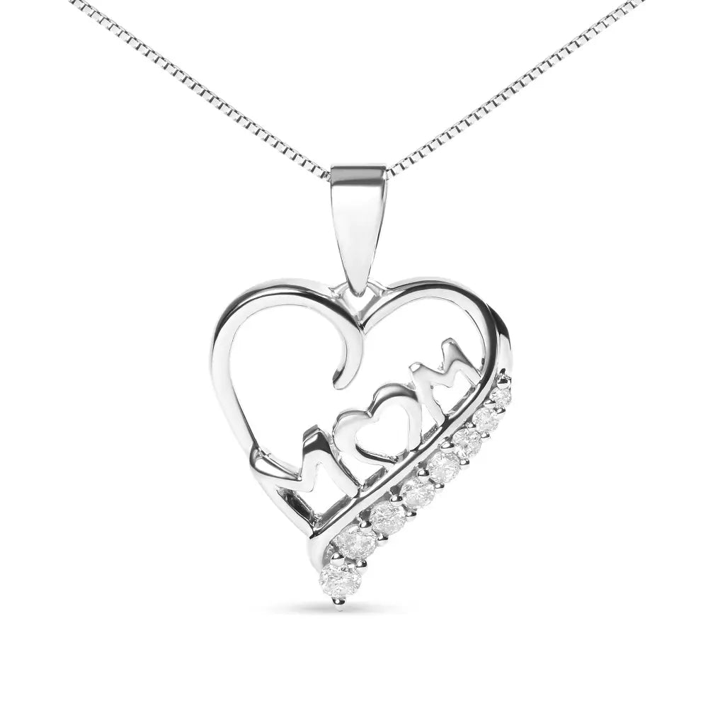 .925 Sterling Silver 1/4 Cttw Diamond ?Mom’ and Open Heart 18’’ Pendant Necklace (i-j Color I2-i3 Clarity) - Fine