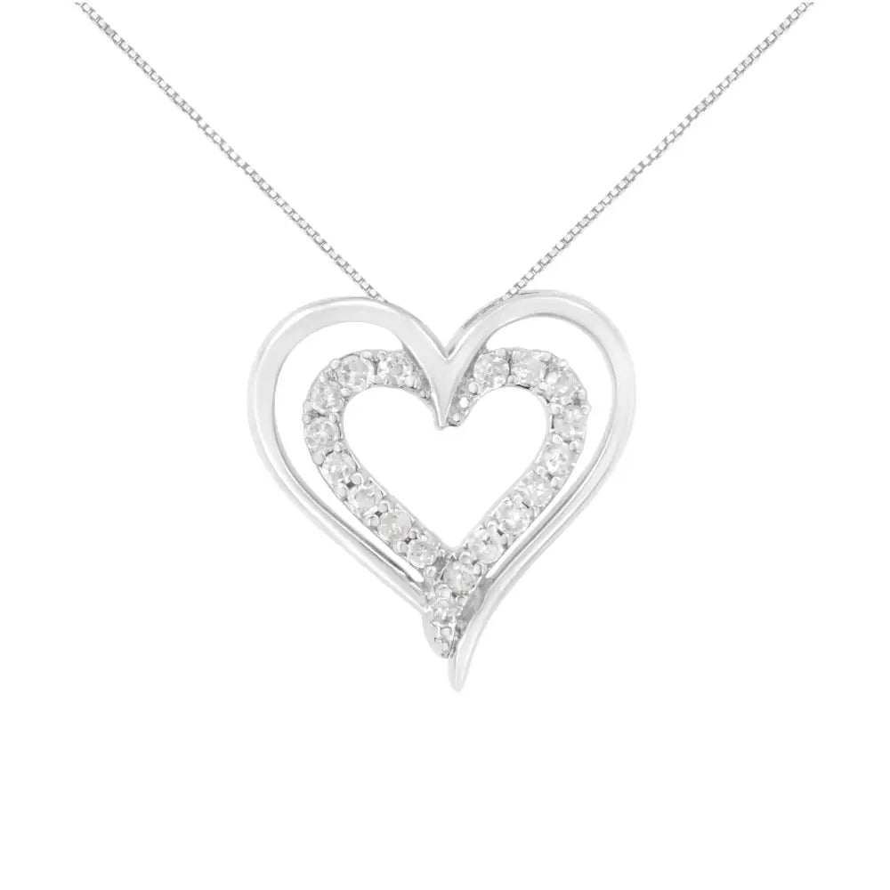 .925 Sterling Silver 1/4 Cttw Diamond Open Double Heart 18’’ Pendant Necklace (i-j Clarity I2-i3 Color) - Fine