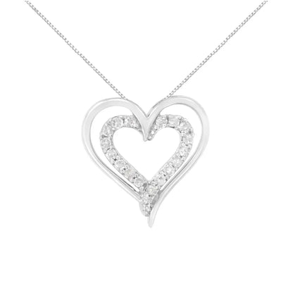 .925 Sterling Silver 1/4 Cttw Diamond Open Double Heart 18’’ Pendant Necklace (i-j Clarity I2-i3 Color) - Fine