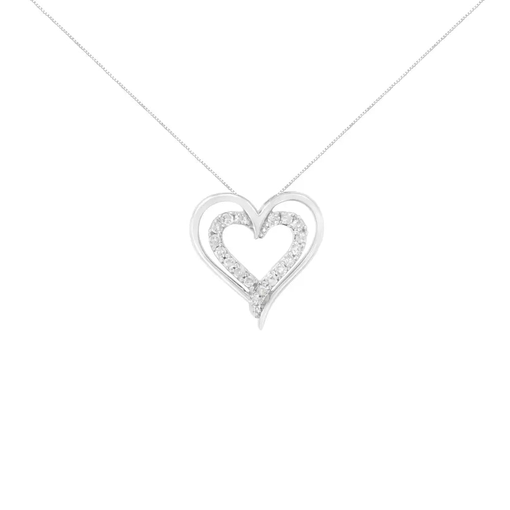 .925 Sterling Silver 1/4 Cttw Diamond Open Double Heart 18’’ Pendant Necklace (i-j Clarity I2-i3 Color) - Fine