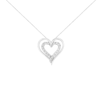 .925 Sterling Silver 1/4 Cttw Diamond Open Double Heart 18’’ Pendant Necklace (i-j Clarity I2-i3 Color) - Fine