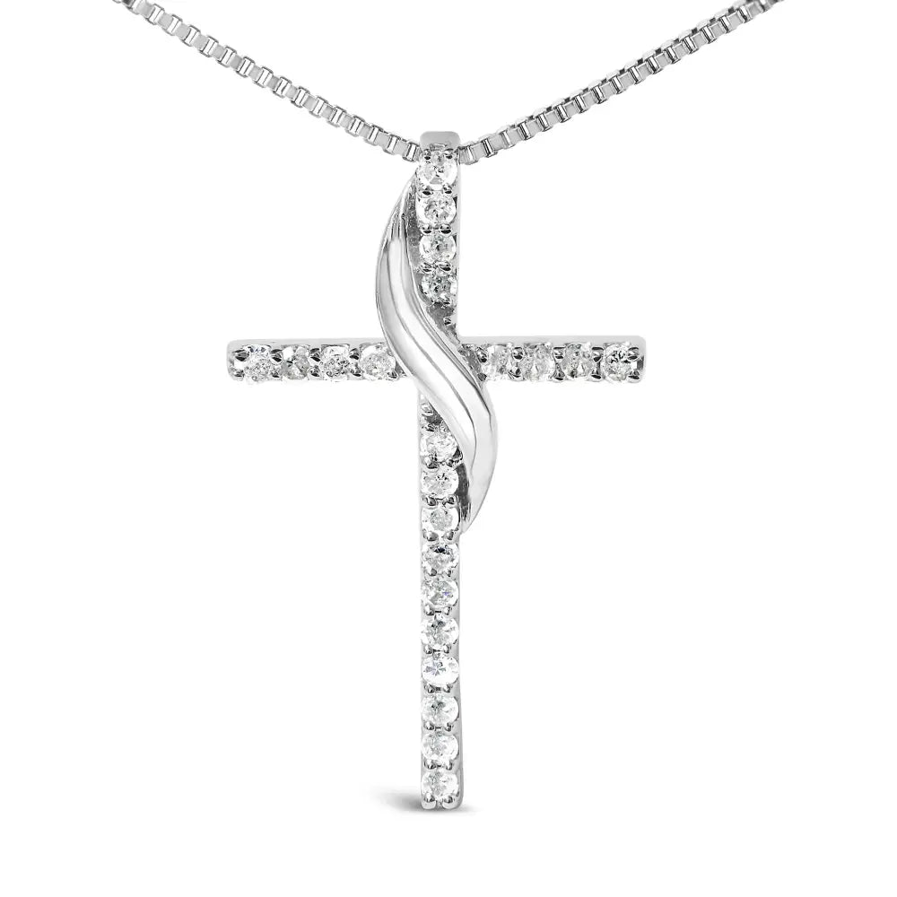 .925 Sterling Silver 1/4 Cttw Diamond Ribbon Swirl Over Cross Pendant Necklace (h-i Color I2-i3 Clarity) - 18’’