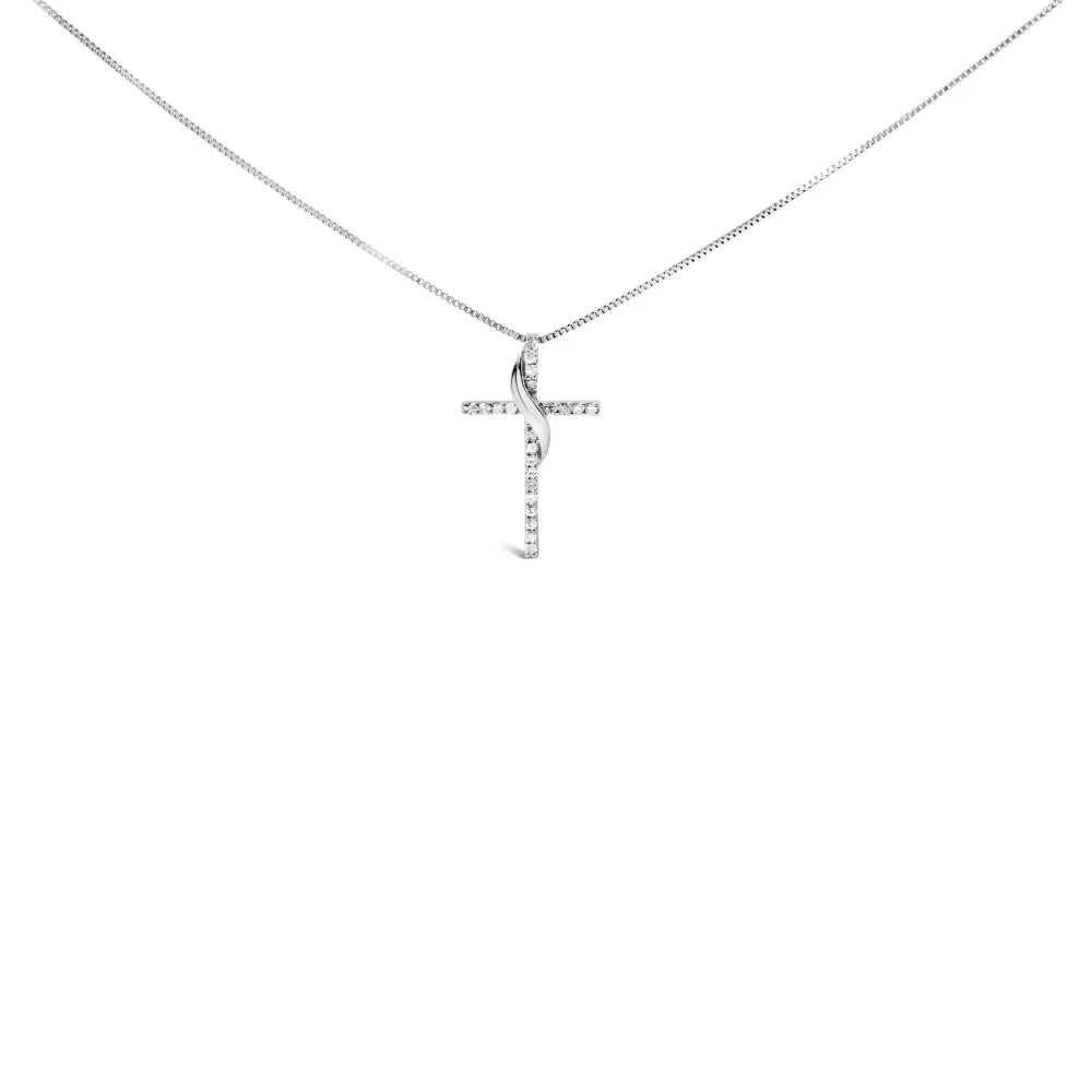 .925 Sterling Silver 1/4 Cttw Diamond Ribbon Swirl Over Cross Pendant Necklace (h-i Color I2-i3 Clarity) - 18’’