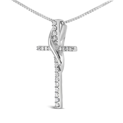 .925 Sterling Silver 1/4 Cttw Diamond Ribbon Swirl Over Cross Pendant Necklace (h-i Color I2-i3 Clarity) - 18’’