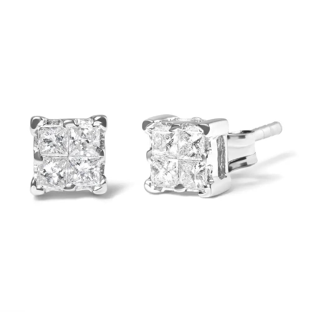 .925 Sterling Silver 1/4 Cttw Invisible Set Princess Diamond Composite Quad Stud Earrings (i-j Color I1-i2 Clarity)