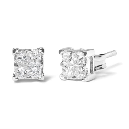 .925 Sterling Silver 1/4 Cttw Invisible Set Princess Diamond Composite Quad Stud Earrings (i-j Color I1-i2 Clarity)