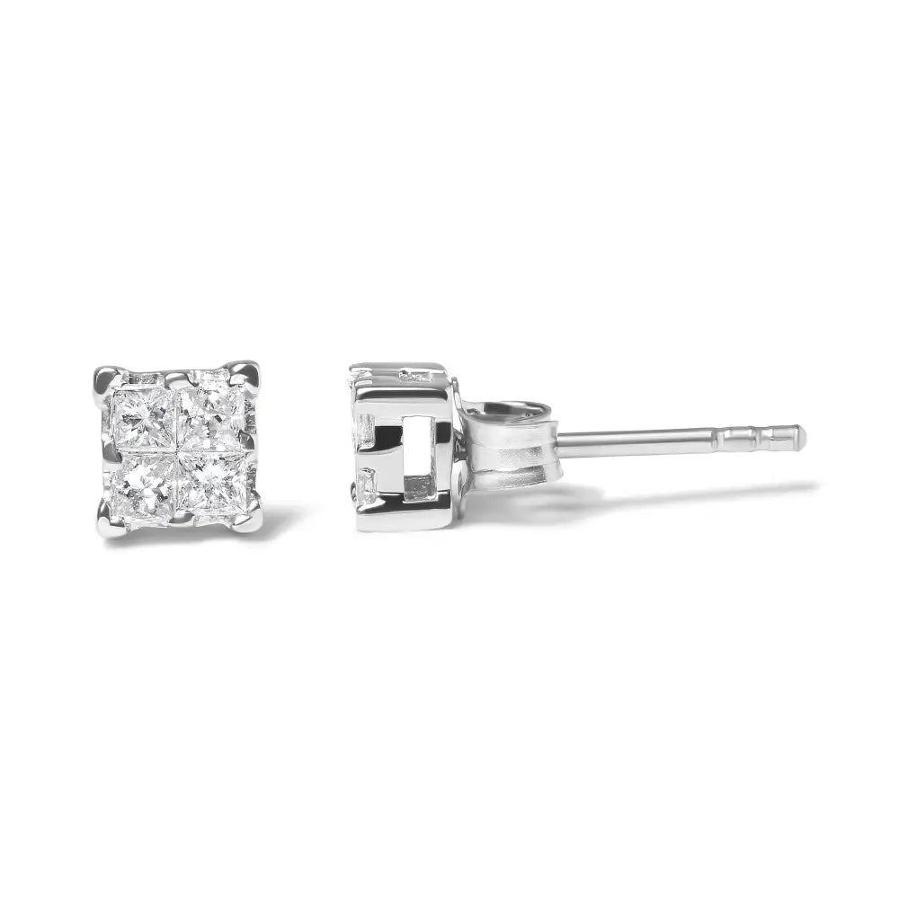 .925 Sterling Silver 1/4 Cttw Invisible Set Princess Diamond Composite Quad Stud Earrings (i-j Color I1-i2 Clarity)