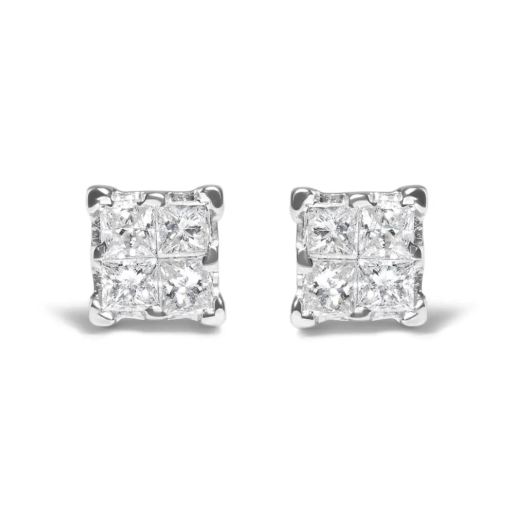 .925 Sterling Silver 1/4 Cttw Invisible Set Princess Diamond Composite Quad Stud Earrings (i-j Color I1-i2 Clarity)