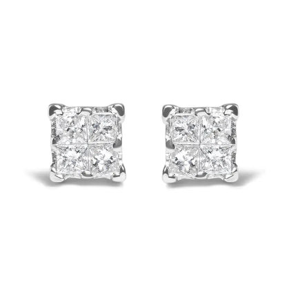 .925 Sterling Silver 1/4 Cttw Invisible Set Princess Diamond Composite Quad Stud Earrings (i-j Color I1-i2 Clarity)