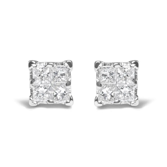 .925 Sterling Silver 1/4 Cttw Invisible Set Princess Diamond Composite Quad Stud Earrings (i-j Color I1-i2 Clarity)