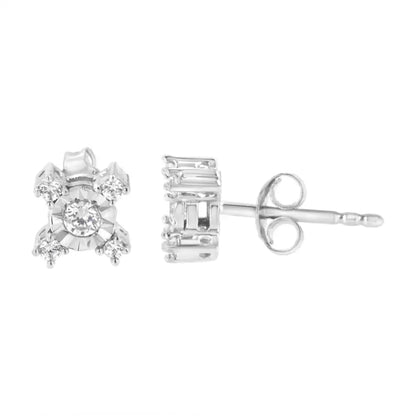 .925 Sterling Silver 1/4 Cttw Miracle Plate Set Round and Princess-cut Diamond ?X’ Shaped Stud Earrings (i-j Color