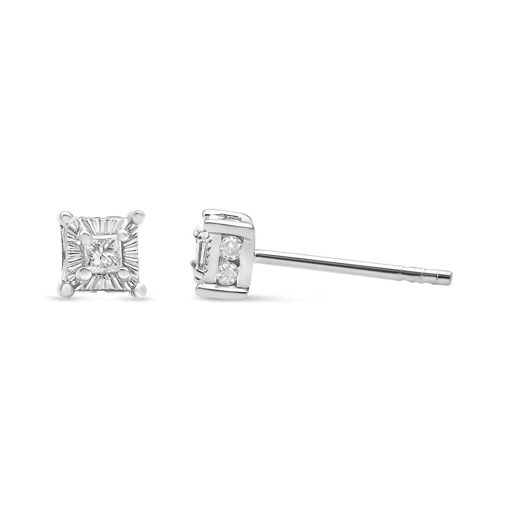 .925 Sterling Silver 1/4 Cttw Miracle Set Princess-cut Diamond Solitaire Stud Earrings with Hidden Halo (i-j Color