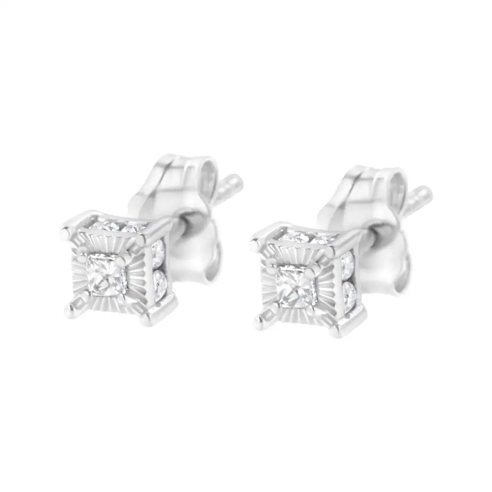 .925 Sterling Silver 1/4 Cttw Miracle Set Princess-cut Diamond Solitaire Stud Earrings with Hidden Halo (i-j Color