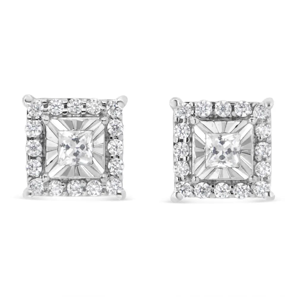 .925 Sterling Silver 1/4 Cttw Princess and Round Cut Diamond Halo Stud Earrings (i-j Color I2-i3 Clarity) - Fine