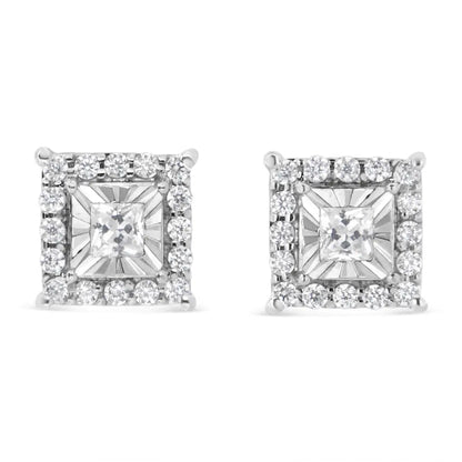 .925 Sterling Silver 1/4 Cttw Princess and Round Cut Diamond Halo Stud Earrings (i-j Color I2-i3 Clarity) - Fine