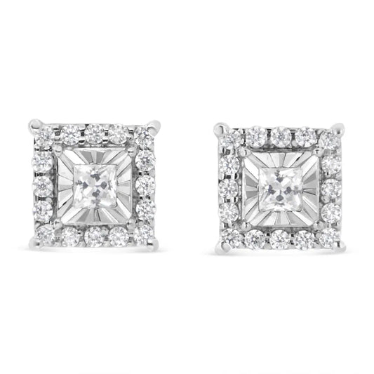 .925 Sterling Silver 1/4 Cttw Princess and Round Cut Diamond Halo Stud Earrings (i-j Color I2-i3 Clarity) - Fine