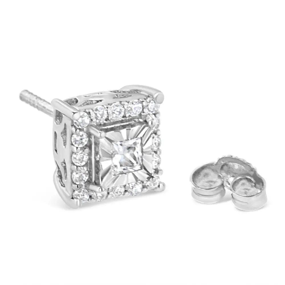 .925 Sterling Silver 1/4 Cttw Princess and Round Cut Diamond Halo Stud Earrings (i-j Color I2-i3 Clarity) - Fine