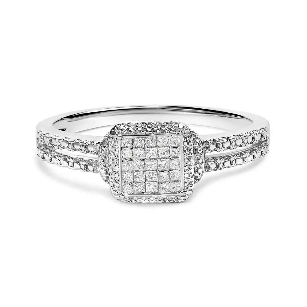 .925 Sterling Silver 1/4 Cttw Princess-cut Diamond Composite Ring with Beaded Halo (h-i Color Si1-si2 Clarity) - Fine