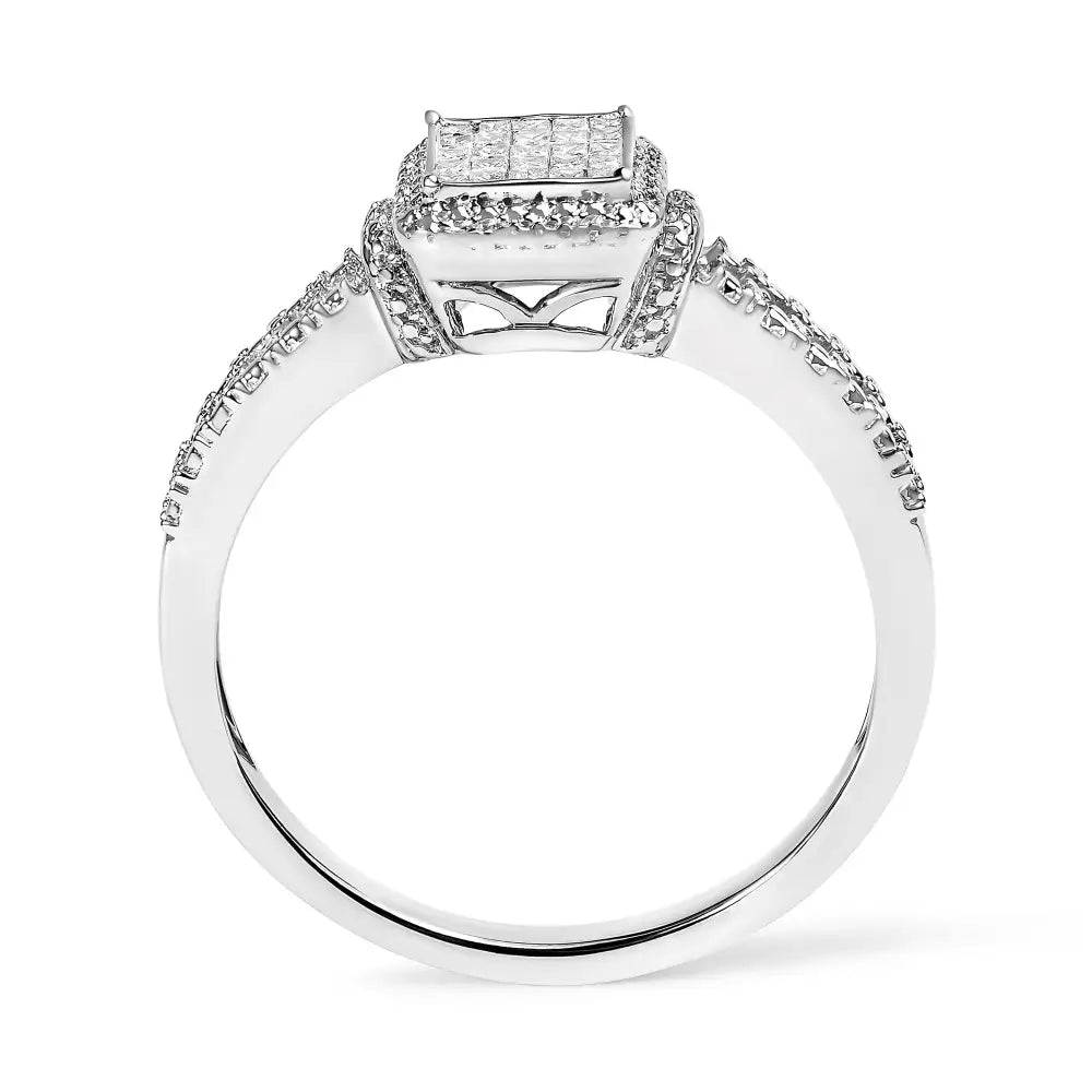 .925 Sterling Silver 1/4 Cttw Princess-cut Diamond Composite Ring with Beaded Halo (h-i Color Si1-si2 Clarity) - Fine