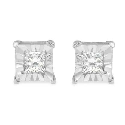 .925 Sterling Silver 1/4 Cttw Princess-cut Square Near Colorless Diamond Solitaire Miracle-plate Stud Earrings (h-i