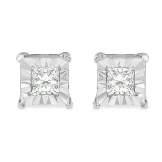 .925 Sterling Silver 1/4 Cttw Princess-cut Square Near Colorless Diamond Solitaire Miracle-plate Stud Earrings (h-i