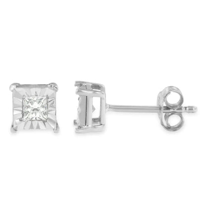 .925 Sterling Silver 1/4 Cttw Princess-cut Square Near Colorless Diamond Solitaire Miracle-plate Stud Earrings (h-i