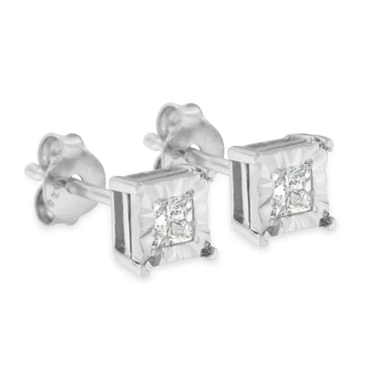 .925 Sterling Silver 1/4 Cttw Princess-cut Square Near Colorless Diamond Solitaire Miracle-plate Stud Earrings (h-i