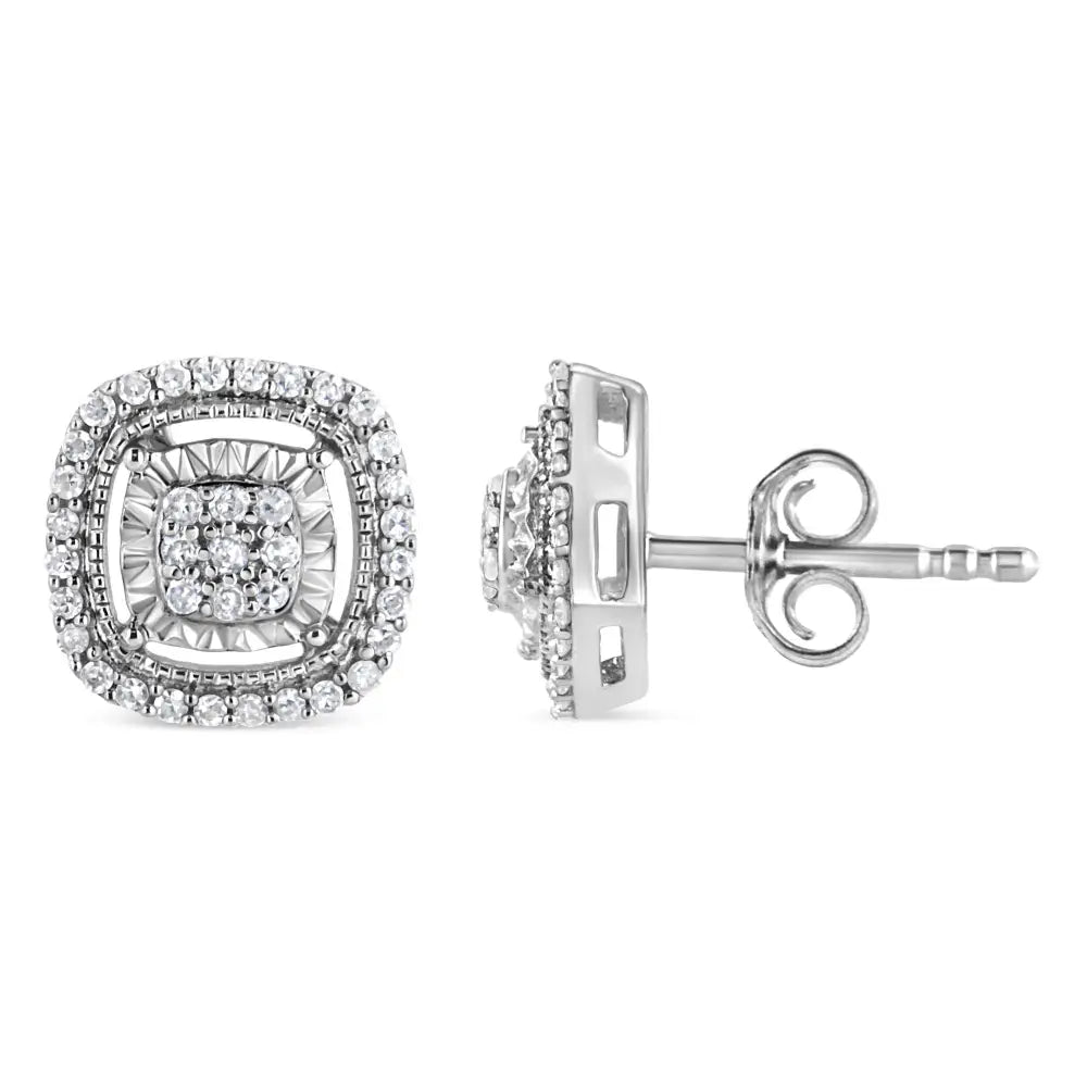 .925 Sterling Silver 1/4 Cttw Prong Set Round-cut Diamond Cluster in Square Frame Stud Earring (i-j Color I2-i3