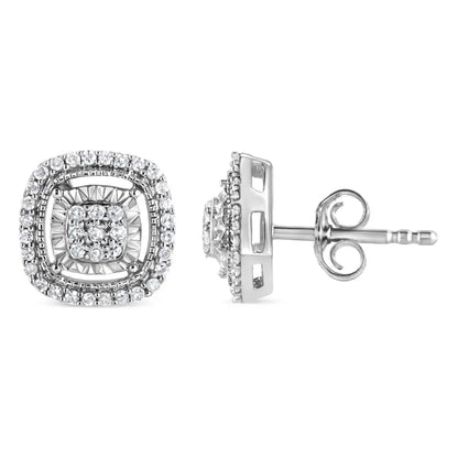 .925 Sterling Silver 1/4 Cttw Prong Set Round-cut Diamond Cluster in Square Frame Stud Earring (i-j Color I2-i3