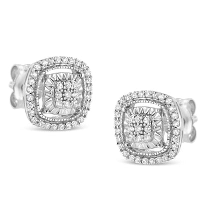 .925 Sterling Silver 1/4 Cttw Prong Set Round-cut Diamond Cluster in Square Frame Stud Earring (i-j Color I2-i3