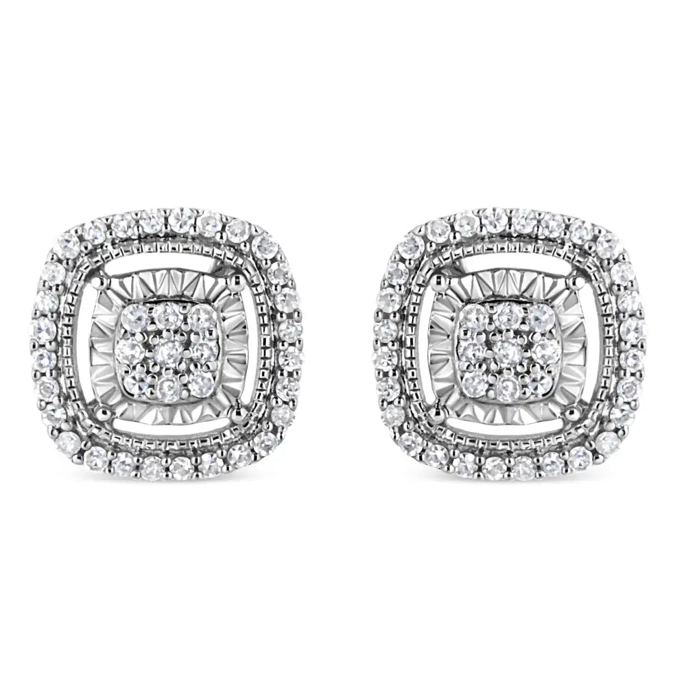 .925 Sterling Silver 1/4 Cttw Prong Set Round-cut Diamond Cluster in Square Frame Stud Earring (i-j Color I2-i3