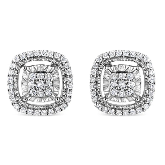 .925 Sterling Silver 1/4 Cttw Prong Set Round-cut Diamond Cluster in Square Frame Stud Earring (i-j Color I2-i3