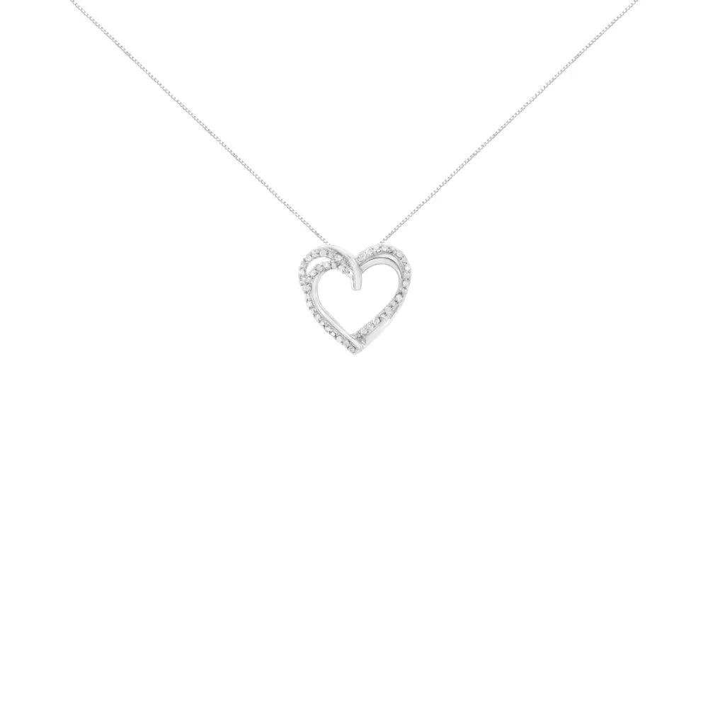 .925 Sterling Silver 1/4 Cttw Prong Set Round-cut Diamond Woven Double Heart 18’’ Pendant Necklace (i-j Color I2-i3