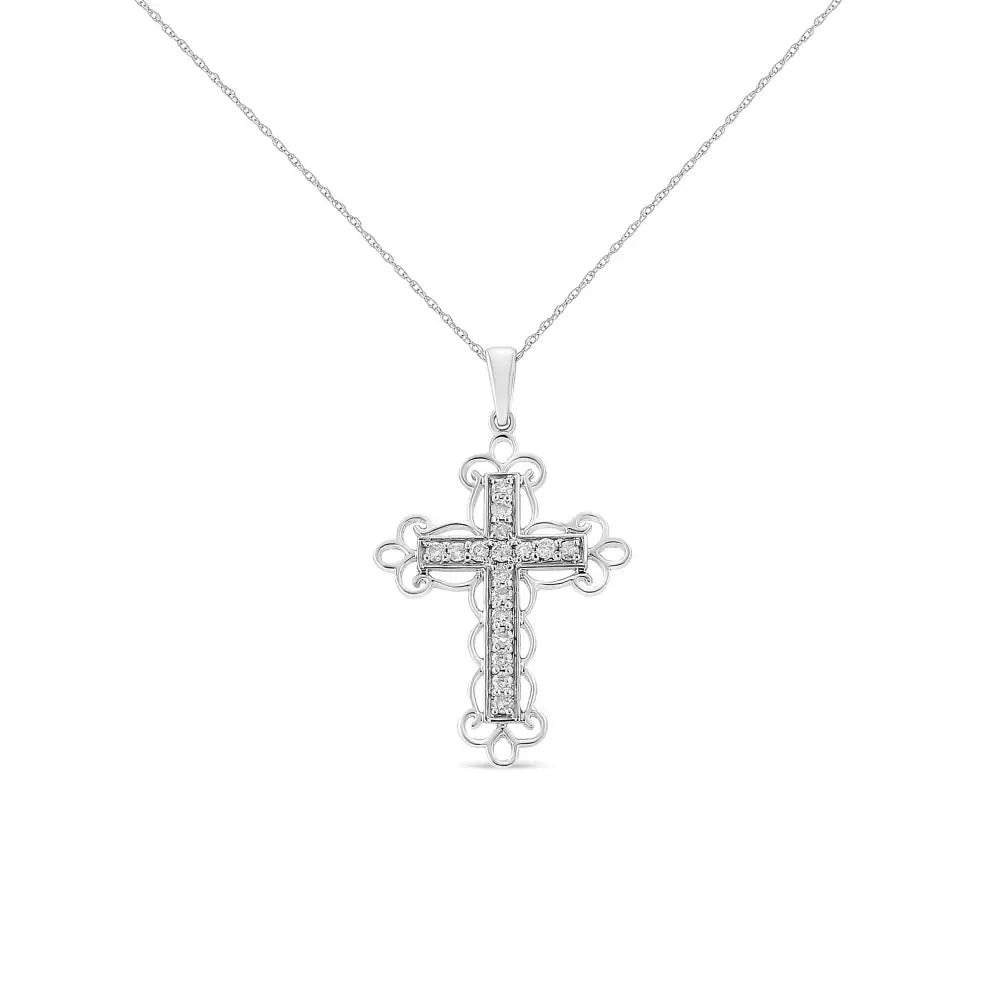 .925 Sterling Silver 1/4 Cttw Round Cut Diamond Art Deco Style Cross 18’’ Pendant Necklace (j-k Color I2-i3