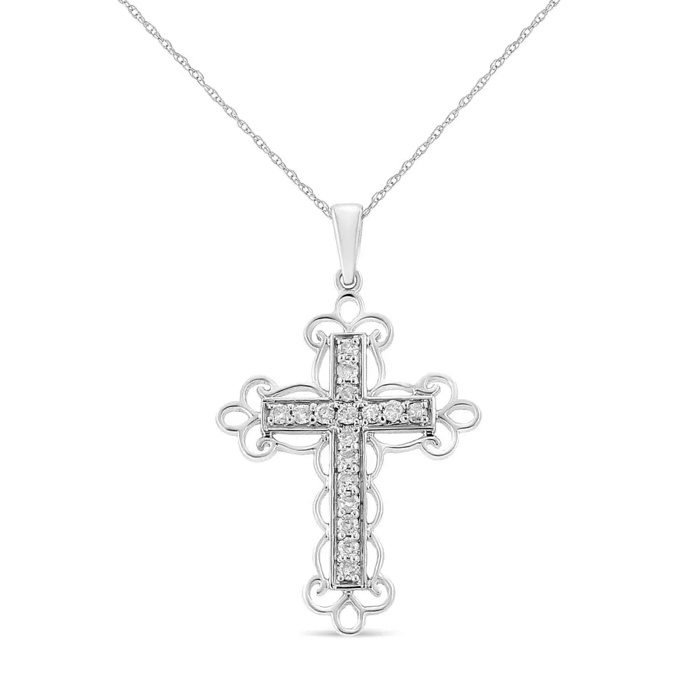 .925 Sterling Silver 1/4 Cttw Round Cut Diamond Art Deco Style Cross 18’’ Pendant Necklace (j-k Color I2-i3